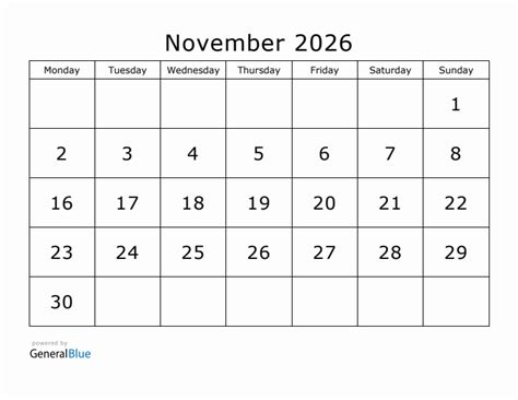 Printable November 2026 Calendar