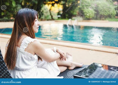 Carefree Woman Relaxation In Swimming Pool Summer Holiday Concept Stock