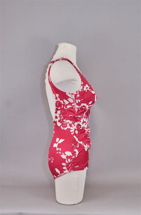 60s One Piece Ruched Bathing Suit Red Floral Swimsuit Etsy