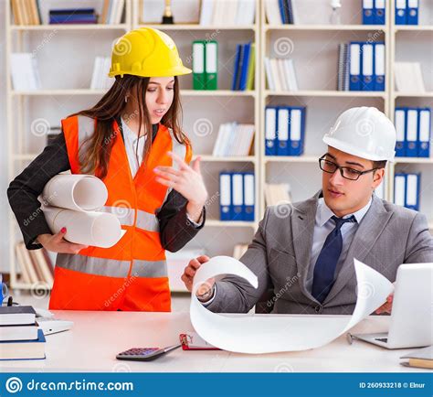 Construction Foreman Supervisor Reviewing Drawings Stock Photo Image