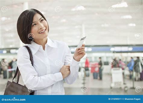 Young Woman Holding An Airplane Ticket Stock Image Image Of Button