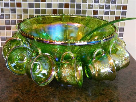 Carnival Glass Iridescent Lime Punch Bowl Set Made By Indiana Glass Company Carnival Glass