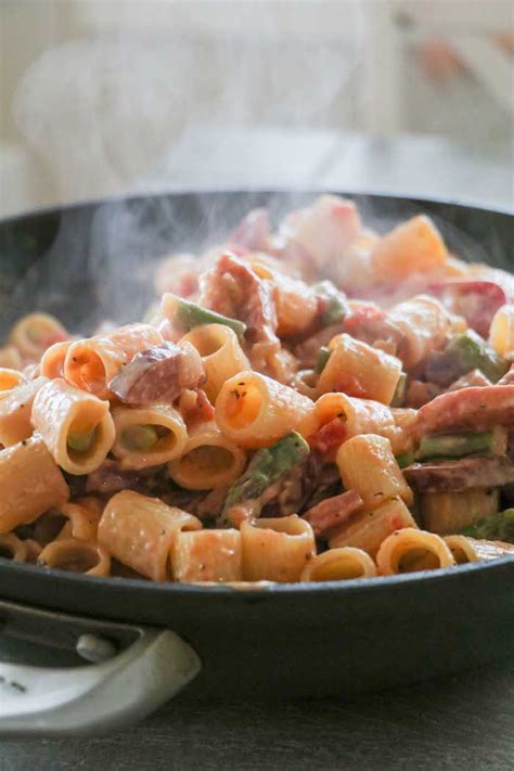 In a large bowl, combine milk and soup. Smoked Sausage Asparagus Pasta - Lauren's Latest