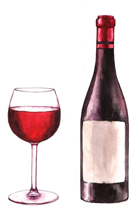 Hand Drawn Watercolor Illustration Of The Wine Bottle And One Glass Of