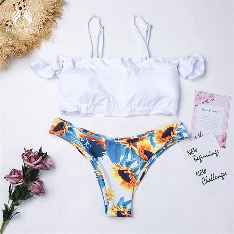 Plavky 2019 Sexy White Floral Ruffled Off Should Bandeau Biquini Ruched Bathing Suit Swimsuit