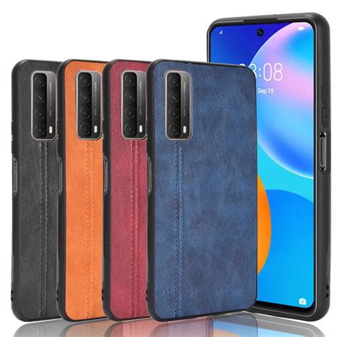 For Huawei Y7a Case Luxury Calfskin Pu Leather Lines Hard Back Cover
