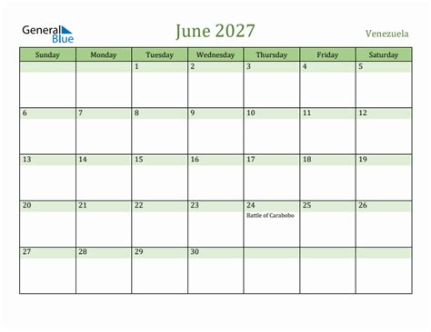 Fillable Holiday Calendar For Venezuela June 2027
