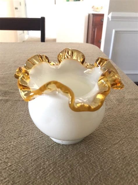 Vintage Fenton Art Glass GOLD CREST Amber White Milk Glass Etsy