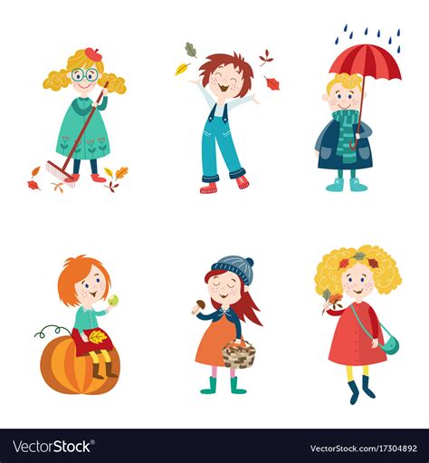 Cartoon Kids Enjoy Fall Autumn Activities Vector Image