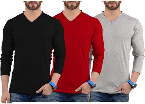 Plain Long Sleeve T Shirts Mens V Neck Tee Pack Of 3