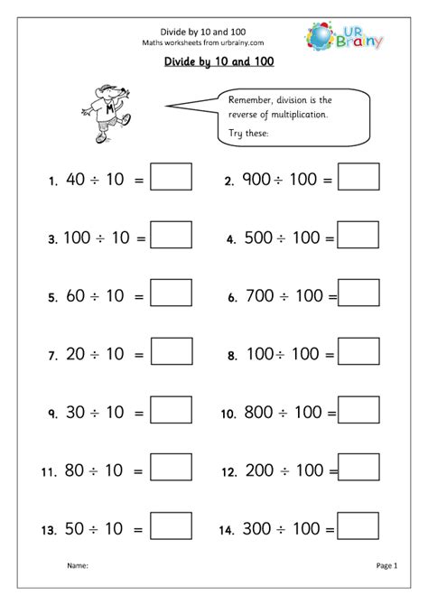 Dividing Numbers By 10 And 100 Worksheets
