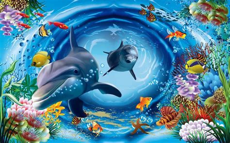 3d Ocean Vortex Dolphin Floor Wallpaper Murals Wall Print