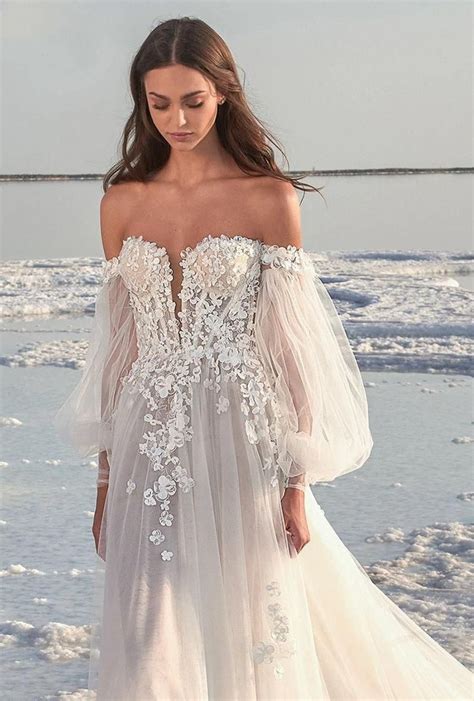 Off Shoulder Puffy Sleeve Tulle Wedding Dress Long Sleeve 3d Floral Applique A Line Illusion