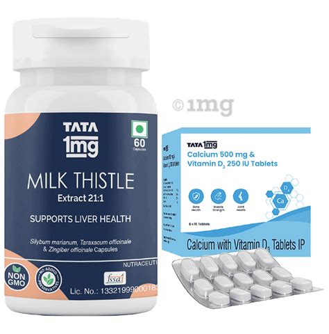Combo Pack Of Tata 1mg Milk Thistle Veg Capsule 60 And Tata 1mg Calcium