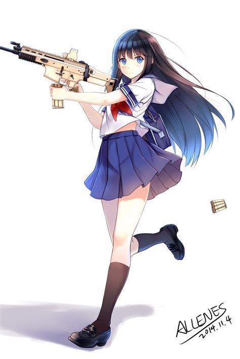 Safebooru 1girl Absurdres Allenes Assault Rifle Black Hair Black Legwear Blue Eyes Fn Scar
