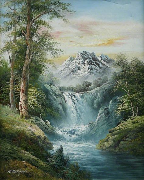 Waterfall And Mountains Sunset Canvas Painting Texture Painting On