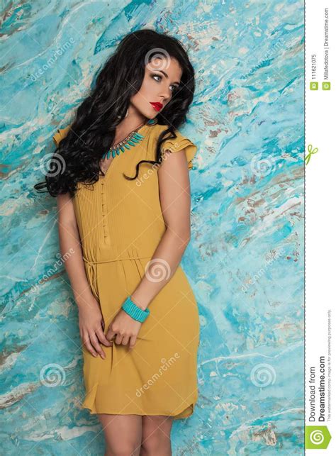Beautiful Woman In Summer Dress On Blue Stock Image Image Of Standing