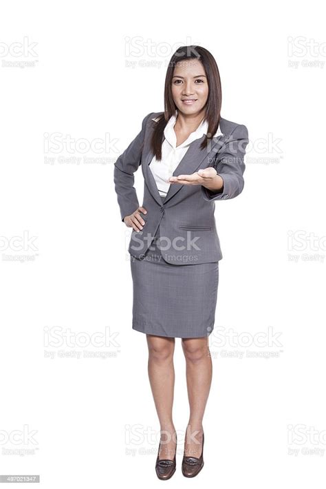 Full Body Businesswoman Gesture Attractive Presenting Someting Stock