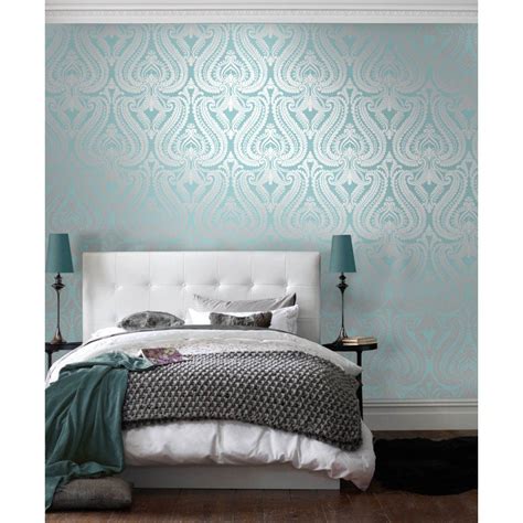 Shimmer Damask Metallic Wallpaper Teal Silver Silver Bedroom