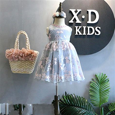 Dfxd England Style Children Girls Lace Sleeveless Flower Embroidery