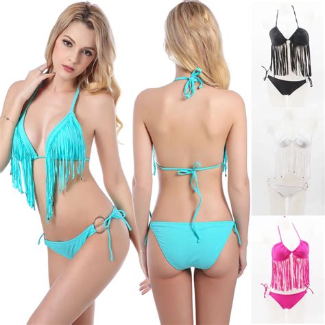 Hot New Sexy Womens Long Tassel Multi Way Wear Bikinis Set Strappy Halter Swimsuit Bathing Suit