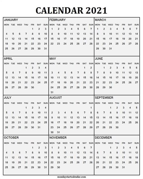 Blank Calendar 2021 Printable Editable Yearly Calendar 2021