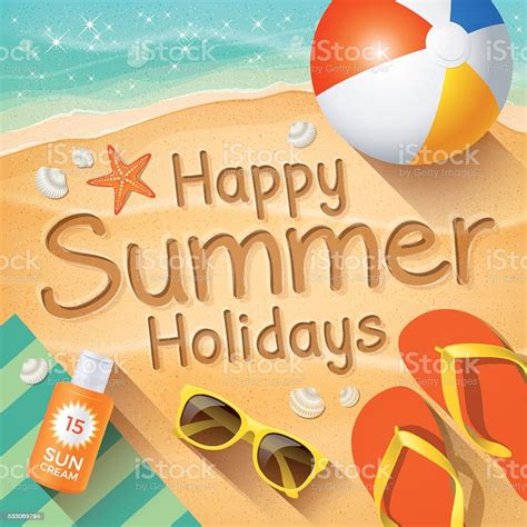 Summer Background With Text On Sand Happy Summer Holidays