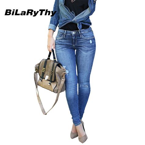 Bilarythy Fashion Women Low Waist Blue Jeans Elastic Ripped Washed
