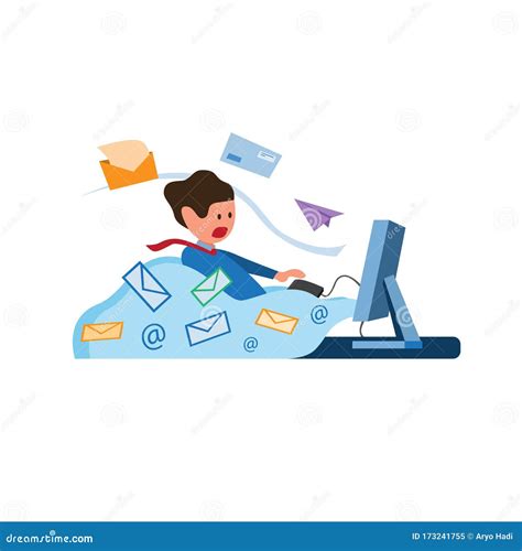 Office Worker With Full Of Envelope And Email Coming Out From Computer