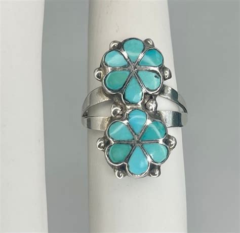 Dishta Turquoise Ring Double Flower Vintage Native American Zuni