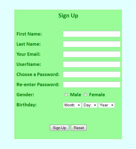 Registration Form In Html