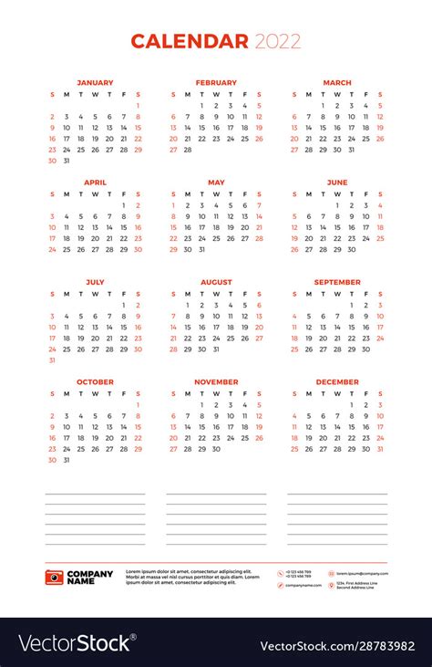 Calendar For 2022 Year Week Starts On Sunday Vector Image