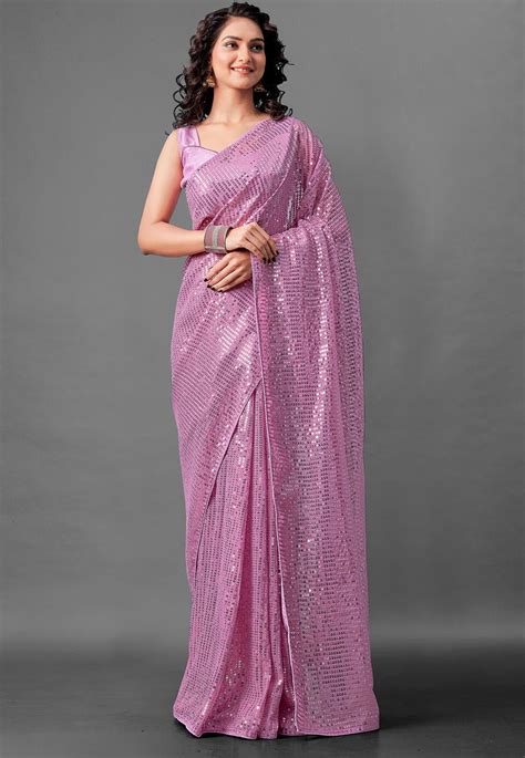 Sequinned Georgette Saree In Pink Spf1448
