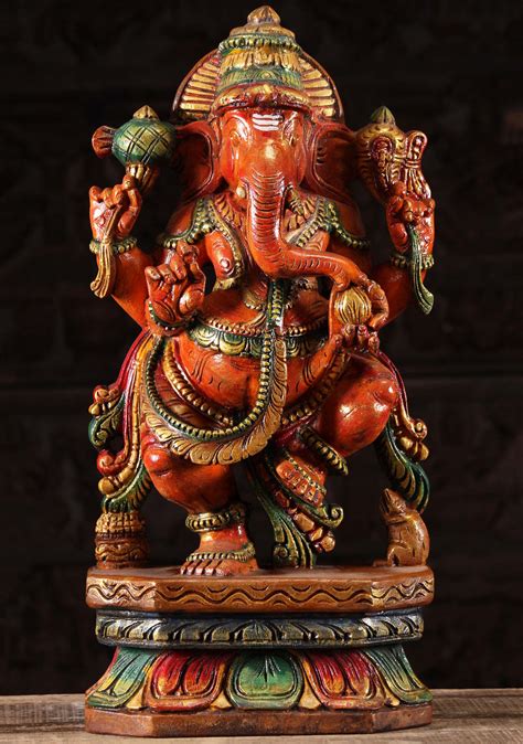 Sold Wooden Dancing Red Ganesha Sculpture 24 94w9dj Hindu Gods And Buddha Statues