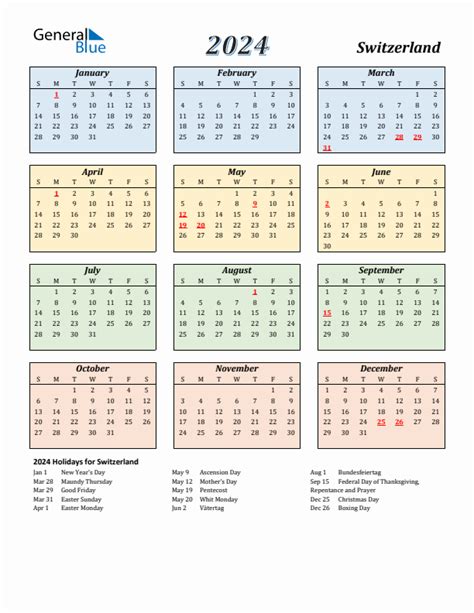 2024 Switzerland Calendar With Holidays