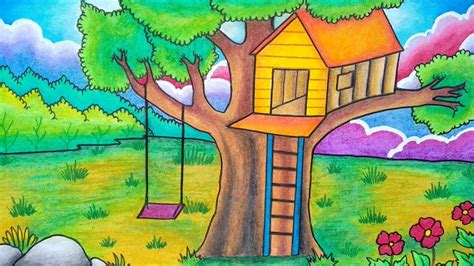 Cara Menggambar Rumah Pohon Menggambar Pemandangan Rumah Pohon Belajar Menggambar Dengan