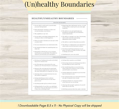 Healthy Unhealthy Boundaries Worksheet Personal Boundaries Etsy