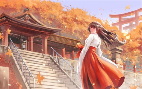 Download Wallpaper 3840x2400 Girl Kimono Pagoda Autumn Anime Art