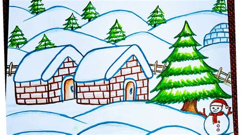 How To Draw Easy Winter Season Scenery Winter Season Drawing