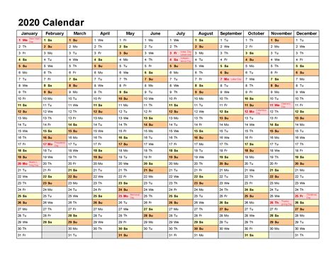 Free Printable 2020 Yearly Calendar With Holidays Landscape Free 2020