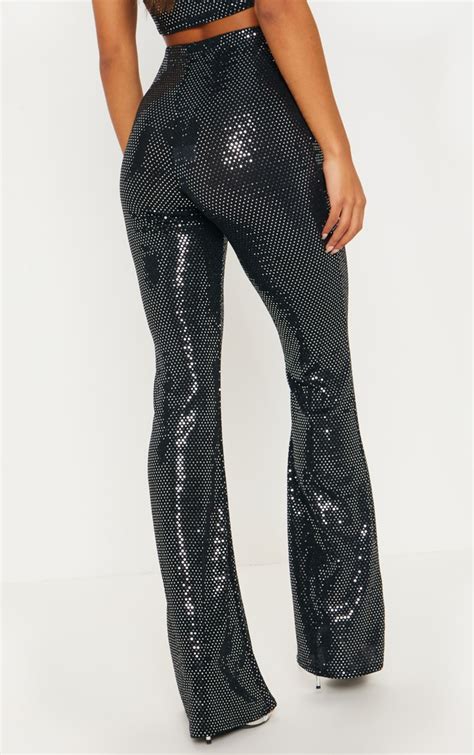 Black Glitter Sequin Wide Leg Pants Prettylittlething Ca