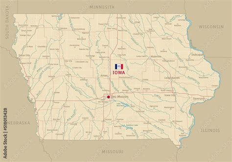 Road Map Of Iowa US American Federal State Editable Highly Detailed