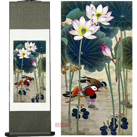 Home Decor Silk Scroll Painting Mandarin Duck Lotus Traditional Chinese
