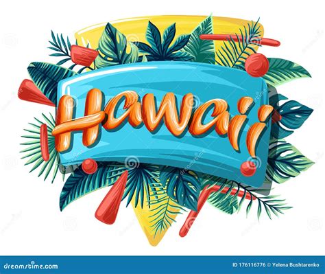 Aloha Hawaii Tropical Leaves Bright Banner Orange Letters Stock Vector