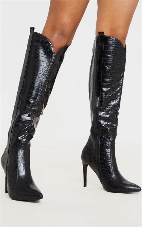 Black Croc Pu Stiletto Heel Western Boots Prettylittlething
