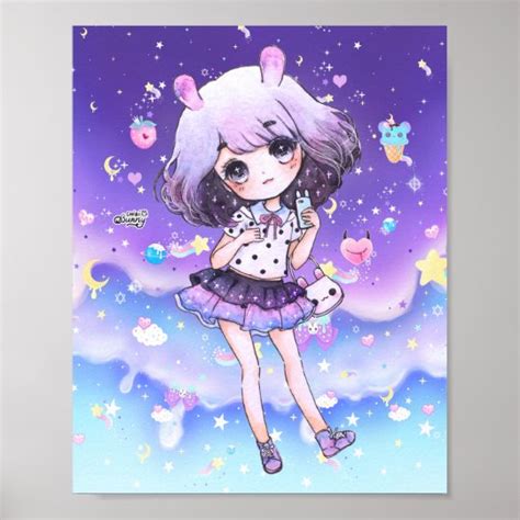 Cute Chibi Girl In Kawaii Pastel Galaxy Poster