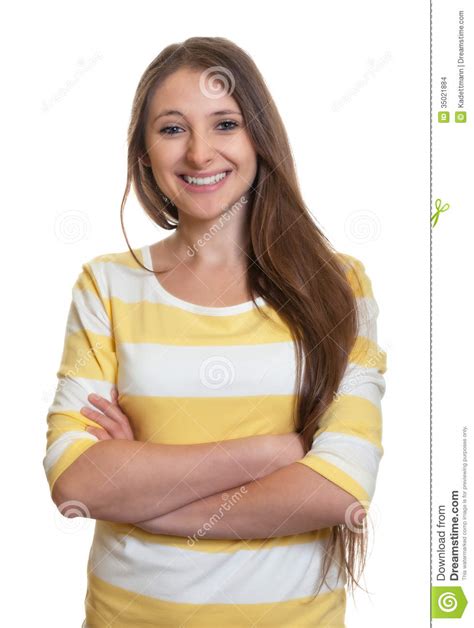 Think of the moves which show the opposite, stiffening up, folding. Laughing Woman With Long Brown Hair And Crossed Arms Stock ...
