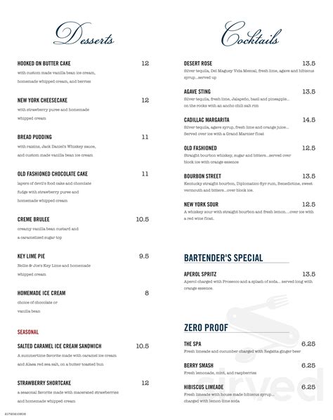 King's Fish House menu in Carlsbad, California, USA
