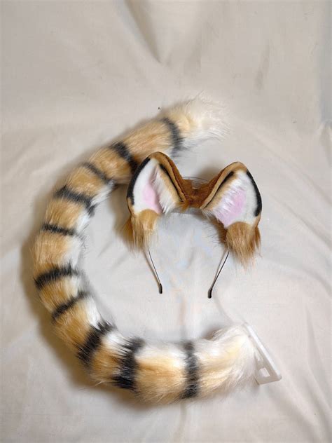 Furry Tiger Ears Tail Set With Transparent Belt Yellow Black Stripe