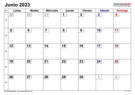Calendario Junio 2023 En Word Excel Y Pdf Calendarpedia
